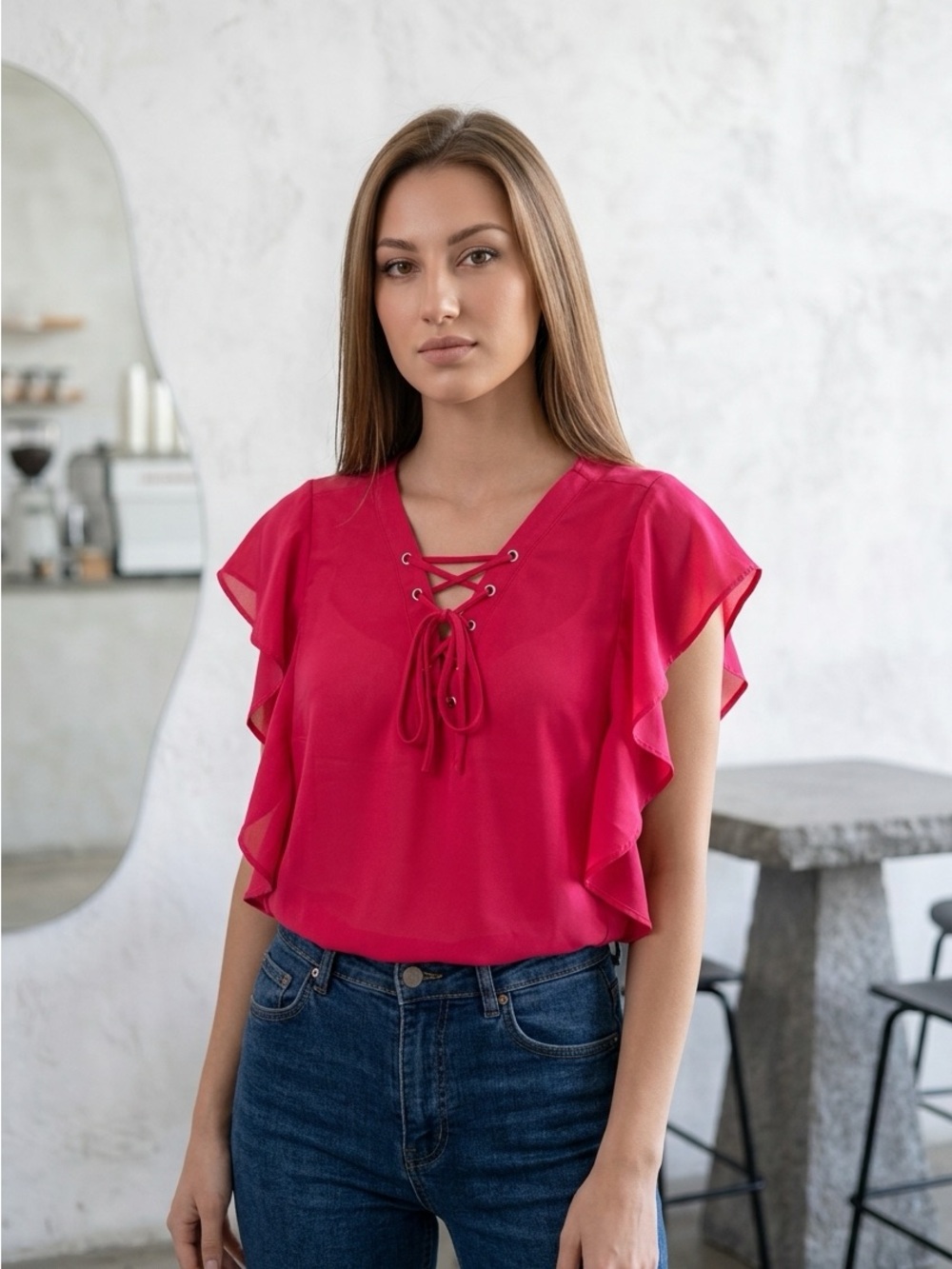 NWT Woven Pink Women’s Red V Neckl Short Sleeve Red Blouse - Ruffle - Size Large